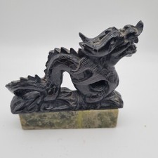 Chinese Stone Carving Dragon Serpentine Body Open Mouth Raised Head Black Stone