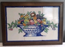 Vintage Spanish Handpainted 6 Tile Mural Of Fruit Bowl Set In Heavy Wooden Frame