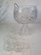 Cut Glass Large Footed Punch Bowl With 12 Handled Glasses And Ladel
