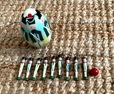 Vintage Polish Wooden 9 Toy Soldier Skittles Bowling Game in Nesting Storage Egg