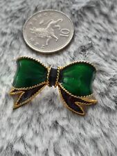 Vintage Sphinx Gold Tone Green Black Enamel Bow Lapel Pin Brooch