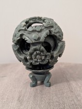 Vintage Chinese Puzzle Ball Green Soapstone Jade Stone with Carved Stand 