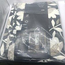 Fusion Luna Flower Leaf 100% Cotton Eyelet Lined Curtains Pair Black White