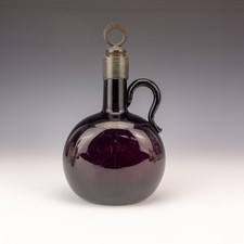 Antique Hand Blown Brown Glass Drinks Decanter - With Pewter Mounts