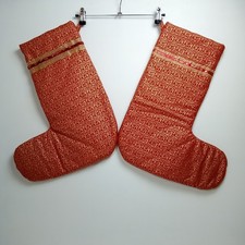2x Luxury Red & Gold Christmas Stockings - Filigree Print, Quilted, Glitter Trim