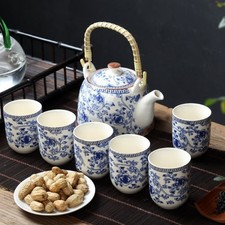Classic Blue and White Porcelain Tea Set with Traditional Border - 7-Piece Set