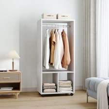 Open Wardrobe Storage Cabinet on Wheels Shoes Clothes Organizer with Rods Shelf