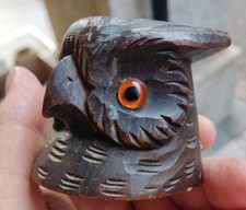 Vintage Black Forest Carved Wooden Owl Match Holder With Stricker