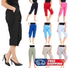 Womens  Ladies Half Elasticated Waist 3/4 Three Quarter Cropped Trousers UK 8-24