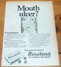 1969 VINTAGE SMALL AD RINSTEAD PASTILLES FOR TROUBLE IN THE MOUTH, MOUTH ULCER ?