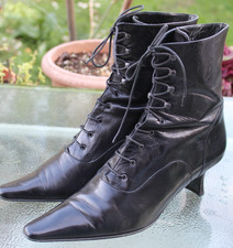 Vintage Per Una Victorian Style Black Leather Pointed Lace Up Boots - UK 6 EU 39