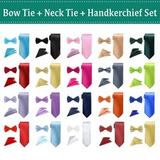 Mens Neck Bow Tie and Pocket Square Handkerchief Set Wedding Birthday Reception