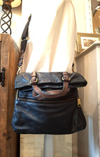Authentic FOSSIL Explorer REAL LEATHER Black Crossbody Tote Bag Folding Large
