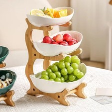 3 Tier Fruit Storage Basket Wooden Bowl Holder Utility Rack & Dining Stand UK