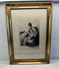 Learning to Read Frants Henningsen Danish Etching 1901 Framed FH Art Painting