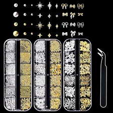 3D Nail Charms,  3 Boxes Gold Silver Nail Stuff Nail Gems Rhinestones Charms wit