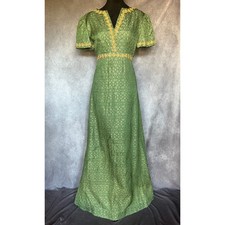 Vtg 60s Green Brocade Empire Waist Maxi Dress Med Gold Trim Evening Gown Regency