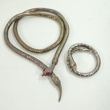Vintage Mesh Snake Belt Necklace Iridescent Goldtone Red Eyes 36" + Bracelet