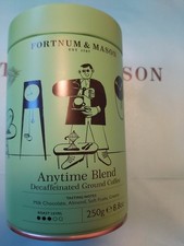 FORTNUM AND MASON ANYTIME BLEND GROUND COFFEE 250G EMPTY TIN USED.