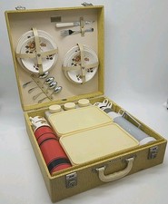 Vintage 50's Brexton Four Person Picnic Hamper Set Yellow Hard Case - Incomplete