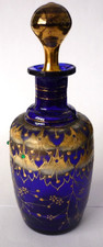 Antique Moser Cobalt Blue Glass Gold Enamel Flower & Foliate Perfume Bottle