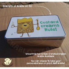 Personalised tin, custard creams biscuit UEB braille gift christmas birthday