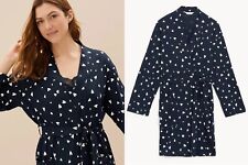 Ladies Ex Famous Store Cotton Modal Dressing Gown Navy Heart Print Blue XS S M L