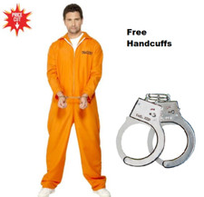 Orange Convict Jumpsuit Prisoner Men's Halloween Fancy Dress Costume & Handcuffs