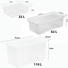 32L/62L/110L Clear Plastic Storage Boxes with Lids Stackable Containers Home -UK