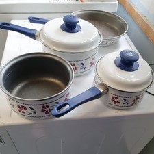 Vintage Swan Enamel Saucepan Set – 4  White/blue  Floral