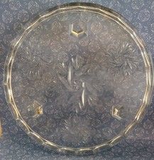 Vintage Art Deco Glass Cake Stand Tri Foot Floral Pattern Scalloped Rim 23cm Dia