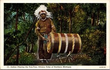 Linen Postcard Indian Playing the Tom-Tom, Ottawa Tribe of Northern Michigan