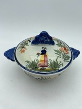 Quimper Brittany, J Henriot 1922-1968 Lidded Bowl With Woman On Lid