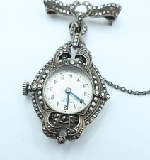 Vintage fine silver Nurses Lapel watch set with marcasite by Matema Mechanical