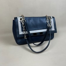Aubrey Shoulder Underarm Bag Handbag Navy Blue Taupe Leather Side Flap Chain