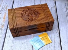 Wooden Tea Box Natural with 6 Compartments - Engraved Hardwood Tea Chest with 6