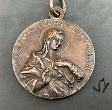 Antique  Silver Tone Holy Medal REGINA ADVOCATA Blessed Virgin Sacred Heart used