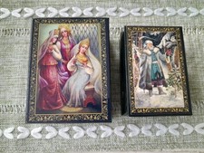 Vintage 2x USSR or Russian Hand Painted Decorative Lacquered Boxes Display 