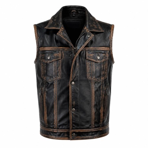 Black leather biker vest - black,