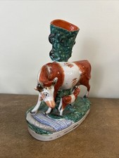 Antique Victorian Staffordshire Flat back Spill Vase, Cow & Calf, 26.5cm Tall