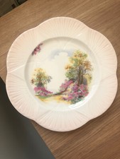 SHELLEY ENGLAND’S CHARM 11" CAKE / CABINET PLATE PALE PINK RIM FLOWER SHAPE