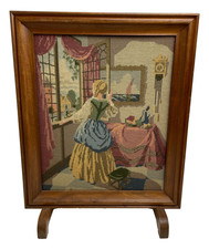Vintage Tapestry Fire Screen Guard MCM Wooden Frame Retro Victorian Lady