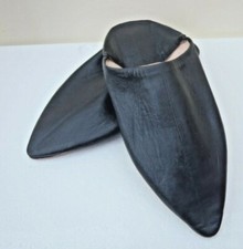 UNISEX MOROCCAN LEATHER POINTED BACKLESS MULES / SLIPPERS * BLACK * ALL SIZES
