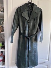 Stunning Vintage 60s 70s Pea Green Leather Long Coat Jacket - 16