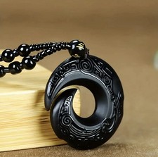 Black Obsidian Beaded Necklace with Carved Amulet Pendant Lucky Protection 45cm