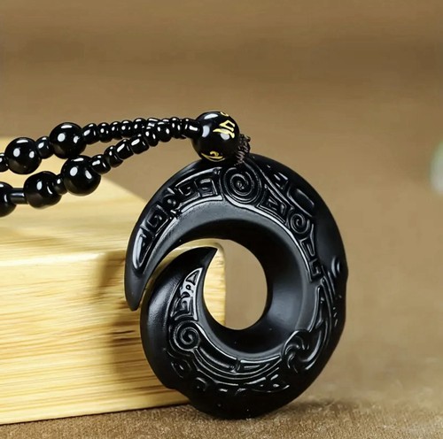 Black obsidian beaded necklace - black,