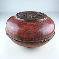 Vintage Burmese Red Lacquer Hand Carved Wooden Lidded Bowl 21 cm Oriental
