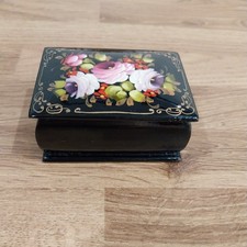 Russian small black lacquer trinket box  painted flowers on lid Floral Lacquered