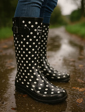 Women's Wyre Valley Wellies 3-8 Black Polka Dot-Waterproof Rubber Welly Pull On