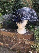 Vintage Large Navy Hat Ornate Wedding Events Travel Flowers Mesh Peter Bettley